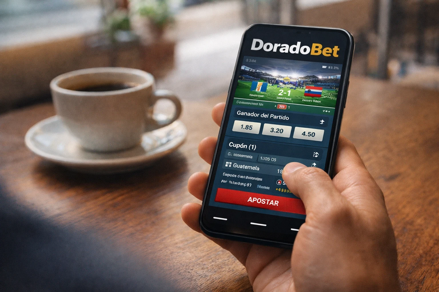Usuario usando DoradoBet en el móvil para apostar en café en Guatemala con interfaz de apuestas deportivas