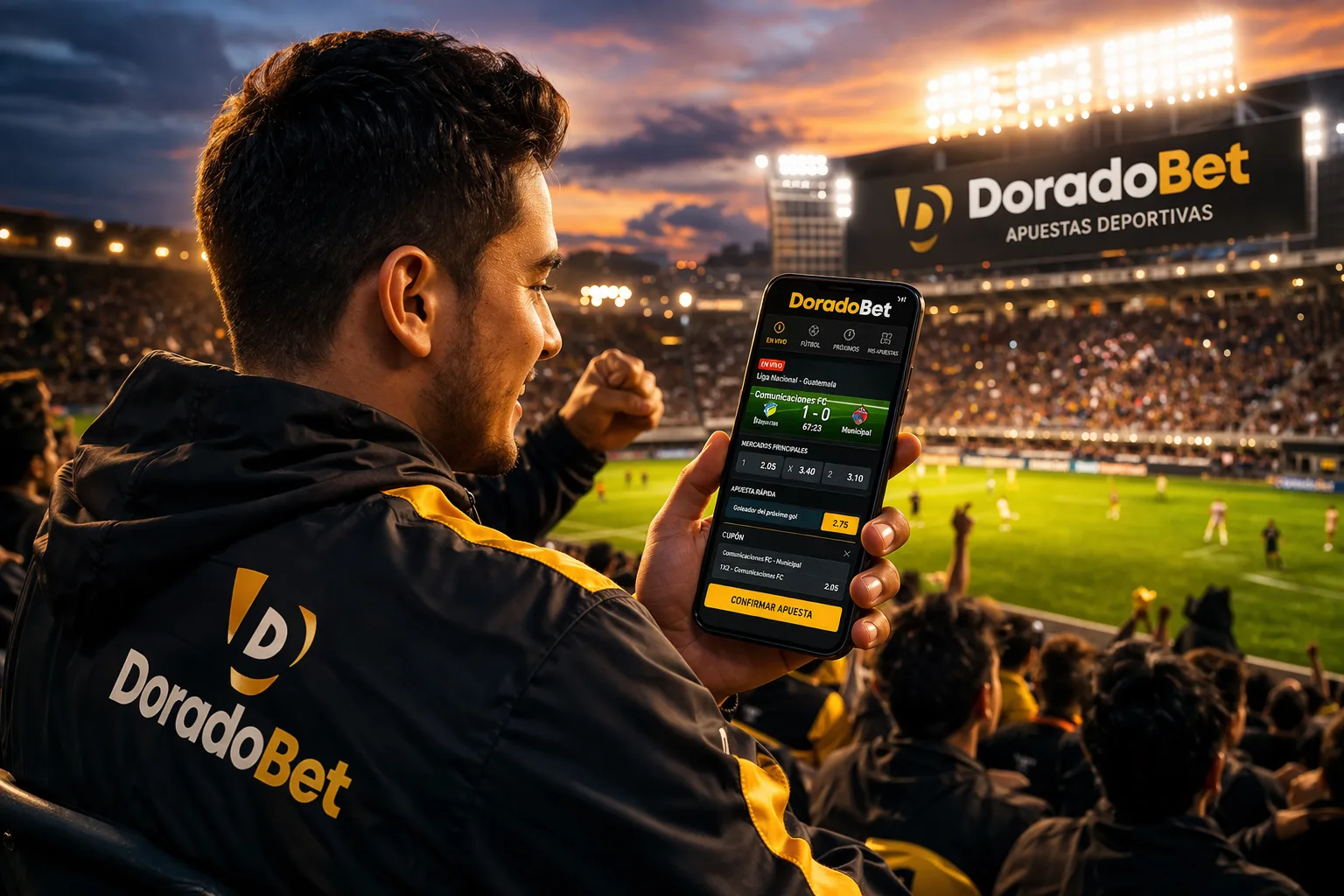 DoradoBet apuestas deportivas en vivo desde el móvil en estadio de fútbol en Guatemala